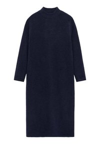 Robe en maille bleu marine avec un col montant, des manches longues et une silhouette droite. Texture douce, longueur au genou, sans motifs ni accessoires visibles.