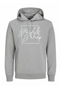 Sudadera gris con un logotipo manuscrito blanco dentro de un cuadrado. Cuerdas ajustables están acopladas a una capucha forrada. Puños y dobladillo acanalados.