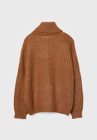 Pull à col roulé en maille épaisse marron avec poignets et ourlet côtelés, montré de dos sur un fond gris uni.