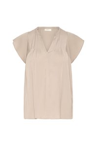 Blusa a maniche corte di un beige chiaro con scollatura a V, pieghe sul davanti e una texture fluida e morbida. Design casual adatto a diverse occasioni.
