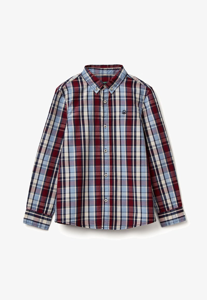 Kostkovaná košile s dlouhým rukávem v červené, modré a bílé barvě, s límcem na knoflíky, vyšívaným logem a standardními manžetami. Bavlněný materiál.