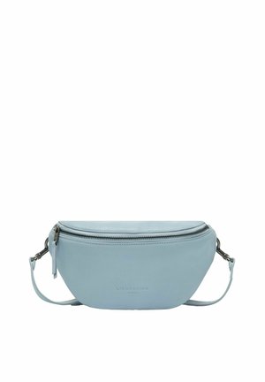 Hellblauer Leder-Gürteltasche mit Reißverschluss und verstellbarem Riemen, geprägter Markenname in der Mitte vorne.