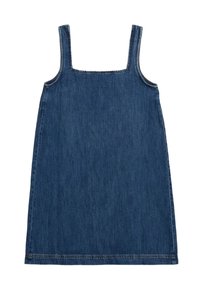 Jeansjurk met een vierkante halslijn en dunne schouderbandjes. Heeft een rechte snit en lichte stiksels, in een effen donkerblauwe kleur.