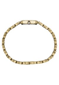 Guldtonet metalur med et rektangulært urfaced, pyntet med krystaldetaljer, og udstyret med et fleksibelt bånd lavet af sammenkoblede led.