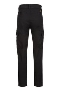 Zwarte slim-fit cargobroek met twee achterste paspelzakken, twee zijflapzakken en een klein merklabel op de rechterachterheup.
