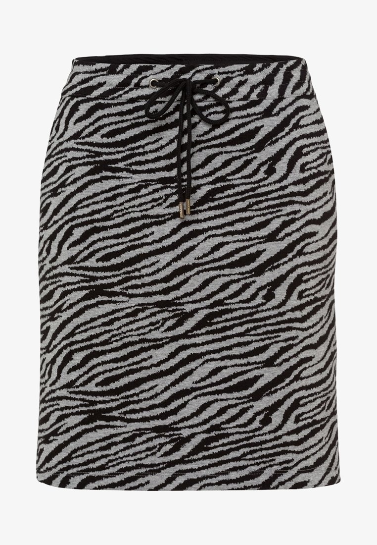 Jupe grise à rayures zébrées noires avec cordon noir à la taille, coupe droite et longueur au-dessus du genou.