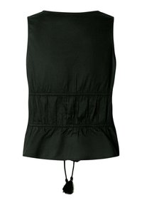 Černá vesta bez rukávů s elastickým pasem se záhyby a visícími střapci na zadní šňůrce, rovný výstřih a peplum lem.