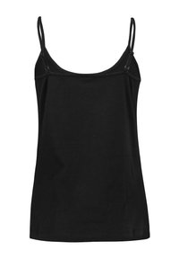Schwarzes ärmelloses Tanktop aus Baumwolle mit dünnen Trägern und geradem Schnitt. Glatte Textur und minimalistisches Design. Keine Muster oder Akzente.