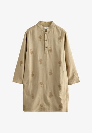 Bež tunika mandariini kaelusega, pikkade varrukatega ja kolme nupuga ees. Kaunistatud tumebežhi lillekirjaga.