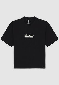 Black cotton t-shirt with short sleeves. Features a white embroidered “Dickies Workwear Company” logo on the chest. Classic crew neck design.