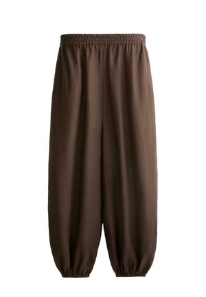 Pantaloni marroni larghi con vita elastica e polsini elasticizzati, realizzati in tessuto leggero.