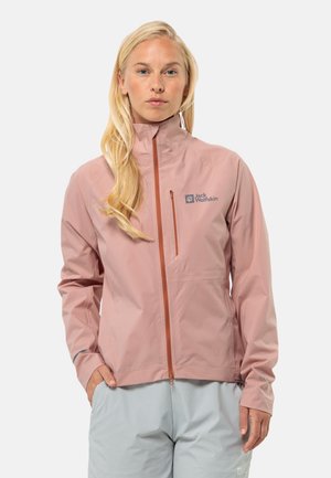Light pink waterproof jacket with high collar, full zip, and chest pocket. Features logo and elastic cuffs for a snug fit.