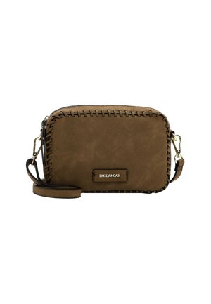 Brown faux suede crossbody bag with stitched edges, zipper closure, and detachable strap. Features brand logo on a metal plate.