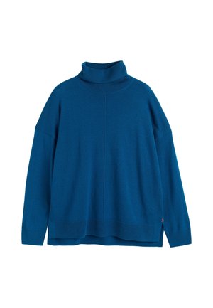 Maglione a collo alto turchese, texture morbida, vestibilità ampia, spalle scese, polsini e orlo a coste, presenta una cucitura discreta lungo il centro della schiena.