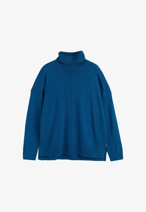 Maglione a collo alto turchese, texture morbida, vestibilità ampia, spalle scese, polsini e orlo a coste, presenta una cucitura discreta lungo il centro della schiena.