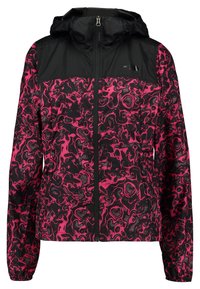 Lekka kurtka z czarną górną częścią i żywym różowym abstrakcyjnym wzorem na dolnej połowie. Posiada kaptur i przedni zamek błyskawiczny.