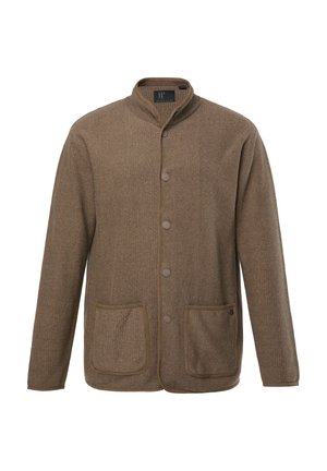 Braune strukturierte Jacke mit Stehkragen, Frontknöpfen und zwei großen Taschen. Kontrastierende beigetöne Besätze entlang der Kanten und Taschen.