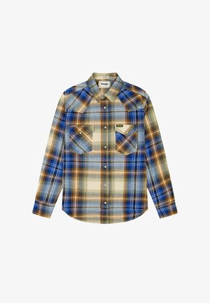 Karierte Hemd mit langen Ärmeln in Blau-, Creme- und Orangetönen. Verfügt über zwei Fronttaschen, Druckknöpfe und einen spitzen Kragen. Aus Baumwollstoff gefertigt.