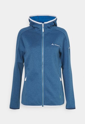 Blue fleece jacket with a hood, featuring a full zipper, contrasting light blue accents, and a small logo on the chest. Smooth texture.