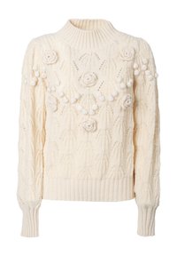 Crèmefarbener Strickpullover mit hohem Rippkragen, floralem Applikationen und strukturierten Mustern; mit gerippten Bündchen und Saum.