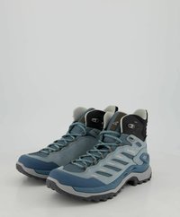 Scarponi da trekking a metà altezza in blu e grigio, con tomaia in mesh e suede, suola in gomma testurizzata, punta rinforzata e occhielli in metallo per i lacci.