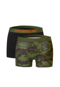 Deux paires de boxers pour hommes : l'une noire, l'autre en camouflage vert. Les deux présentent une ceinture verte avec "CATERPILLAR" en texte orange.