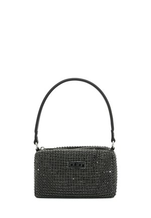 Borsa a mano rettangolare nera incrostata di piccole borchie argento, con manico corto nero e chiusura a cerniera sulla parte superiore.