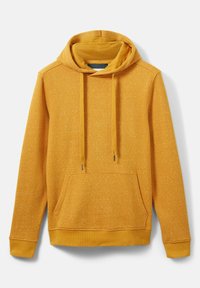 Sweat à capuche jaune moutarde avec poche kangourou à l'avant et cordons, présentant une texture subtile subtilement tachetée.