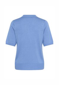 Blue short-sleeve pullover sweater with a polo collar, made from a soft, textured knit fabric. Features a ribbed hem and cuffs.
