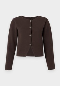 Donkerbruine lange mouw cardigan met vier zilveren knopen en een kleine uitsnijding aan de onderrand.