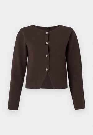 Dark brown long-sleeve cardigan with four silver buttons and a small front slit at the hem.