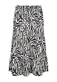 Jupe à volants noir et blanc avec un motif de zèbre ondulé, taille élastique et tissu texturé avec une silhouette fluide.