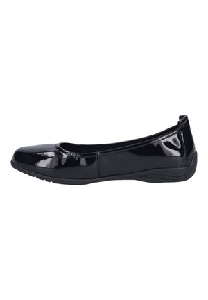 Ballerines en vernis noir avec un bout arrondi, une texture lisse, un petit talon et une semelle en caoutchouc. Design minimaliste sans accents proéminents.