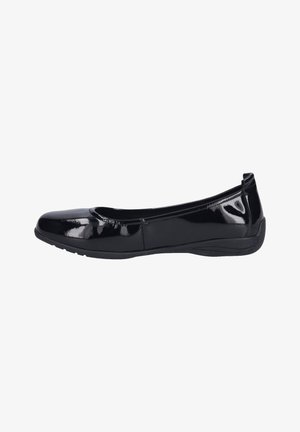 Black patent ballet flats with a rounded toe, smooth texture, low heel, and rubber sole. Minimalistic design without prominent accents.