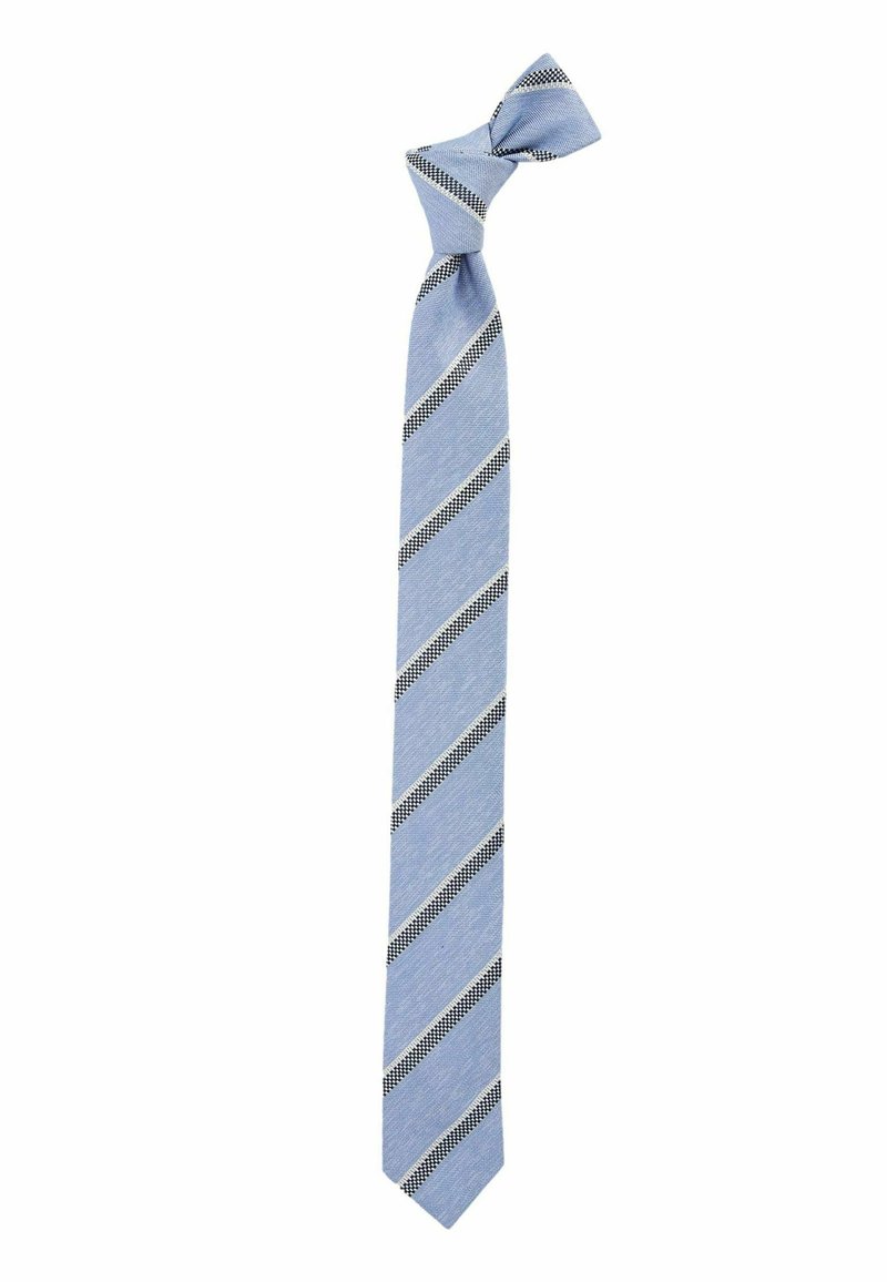Lyseblå slips lavet af vævet stof med diagonale sorte og hvide striber samt små rutenetdetaljer, med en spids ende.