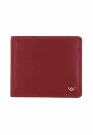 Portefeuille bifold en cuir rouge avec texture lisse et petit emblème argenté du logo en bas à droite.