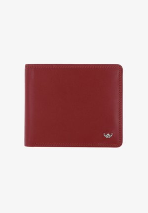 Portefeuille bifold en cuir rouge avec texture lisse et petit emblème argenté du logo en bas à droite.