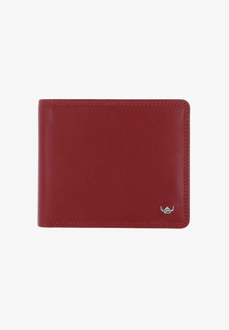 Portefeuille bifold en cuir rouge avec texture lisse et petit emblème argenté du logo en bas à droite.