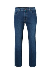 Dunkelblaue Jeans aus Denim, mit geradem Bein, mittelhoher Taille, zwei Fronttaschen und einem Knopfverschluss, minimale Ziernähte.