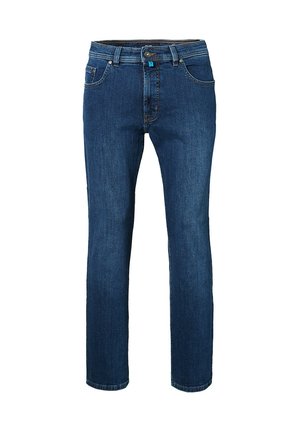 Dunkelblaue Jeans aus Denim, mit geradem Bein, mittelhoher Taille, zwei Fronttaschen und einem Knopfverschluss, minimale Ziernähte.