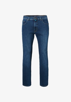 Dunkelblaue Jeans aus Denim, mit geradem Bein, mittelhoher Taille, zwei Fronttaschen und einem Knopfverschluss, minimale Ziernähte.