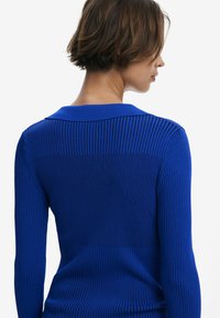Blue ribbed sweater with long sleeves and a classic collar. Smooth texture, fitted design, featuring vertical lines in a vibrant blue color.
