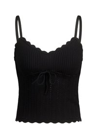 Black knitted tank top with spaghetti straps, scalloped neckline, and a tie detail at the front. Textured pattern with ribbed sections.