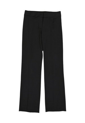 Zwarte rechte broek met een aansluitende tailleband, zonder zichtbare zakken of versieringen, getoond tegen een witte achtergrond.