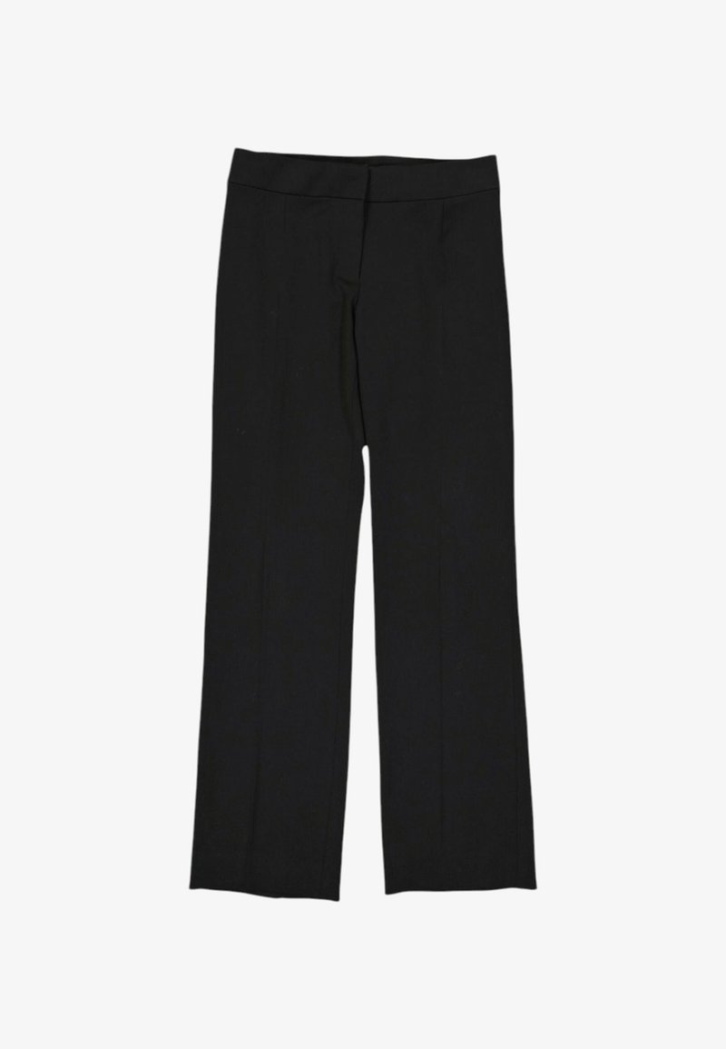 Pantalon noir à jambes droites avec une taille ajustée, sans poches visibles ni ornements, présenté sur fond blanc.