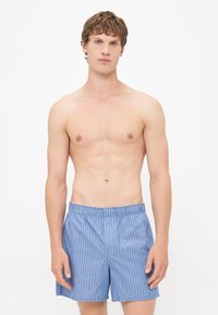 Pantaloni corti a righe blu chiaro realizzati in tessuto di cotone. Caratterizzati da una vita elasticizzata e una vestibilità morbida con tasche laterali.
