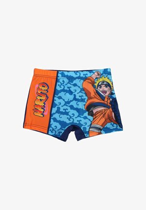 Shorts de bain pour garçons en bleu avec des accents orange, avec un motif de personnage Naruto. Fabriqués en tissu lisse et extensible. Taille élastique confortable.