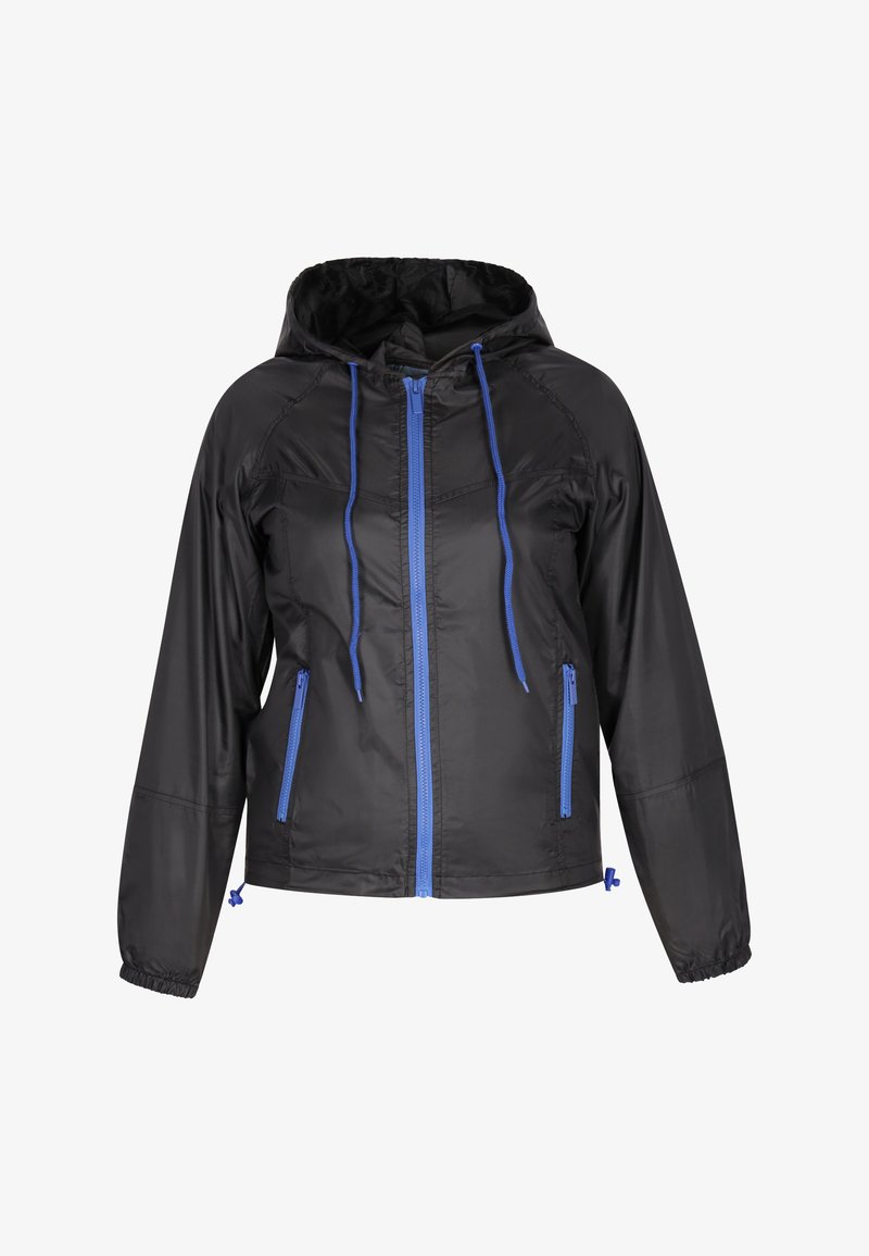 Juodas švarkas, pagamintas iš lengvos, vandeniui atsparios medžiagos. Yra su kapišonu, mėlynu užtrauktuku, raišteliu ir dviem užtrauktukais užsegamais priekiniais kišeniais.