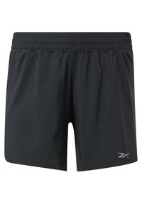 Černé sportovní šortky s elastickým pasem, hladkou látkou a malým logem na spodní levé straně.