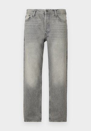 Gray denim jeans with a relaxed fit, featuring a faded wash, five-pocket design, button closure, and a straight leg cut.
